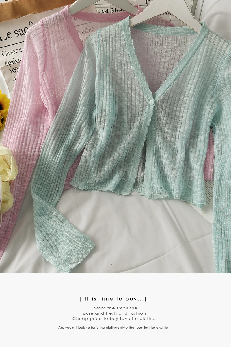 

Thin Section, Slightly Transparent Wavy Edges, V-neck, Long-sleeved Knitted Top, Women's Summer Short Sun Protection Shirt