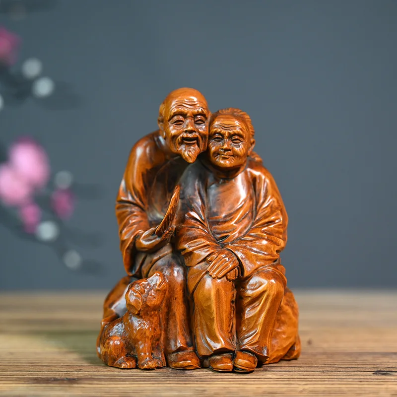 12X9X7 CM Old Couple Boxwood Hand Carved Boxwood Figurine Carving Sweet Man and Women Feng Shui Sculpture - #W027