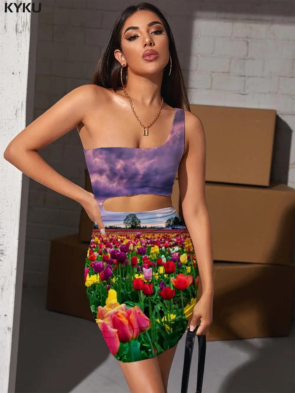 

KYKU Flowers Dresses Women Cloud Hollow out Dresses Colorful Pleating Romantic Halter Sleeveless Womens Clothing Party New Boho