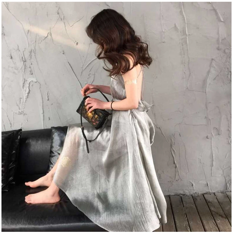 Летнее платье на бретелях с открытой спиной кружевное Сетчатое женское