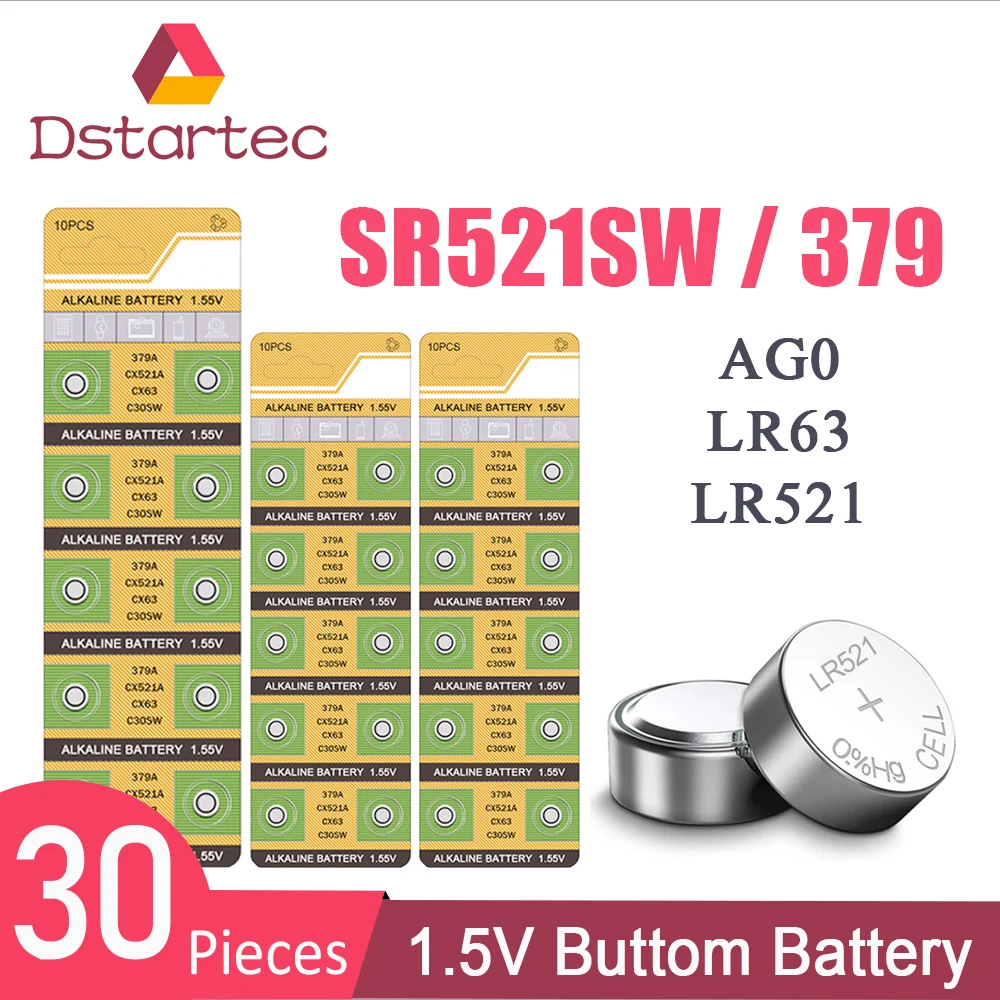 

30pcs 2020 NEW AG0 379 SR63 LR69 LR521 379A 1.55V Button Batteries For Watch Toys Remote SR521SW D379 Cell Coin Alkaline Battery