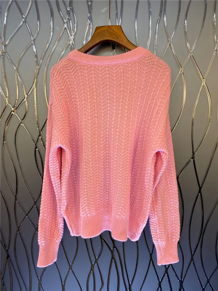 Spring Autumn Women's High quality Embroidery sweaters Sweet Pink color pullovers sweater tops B549