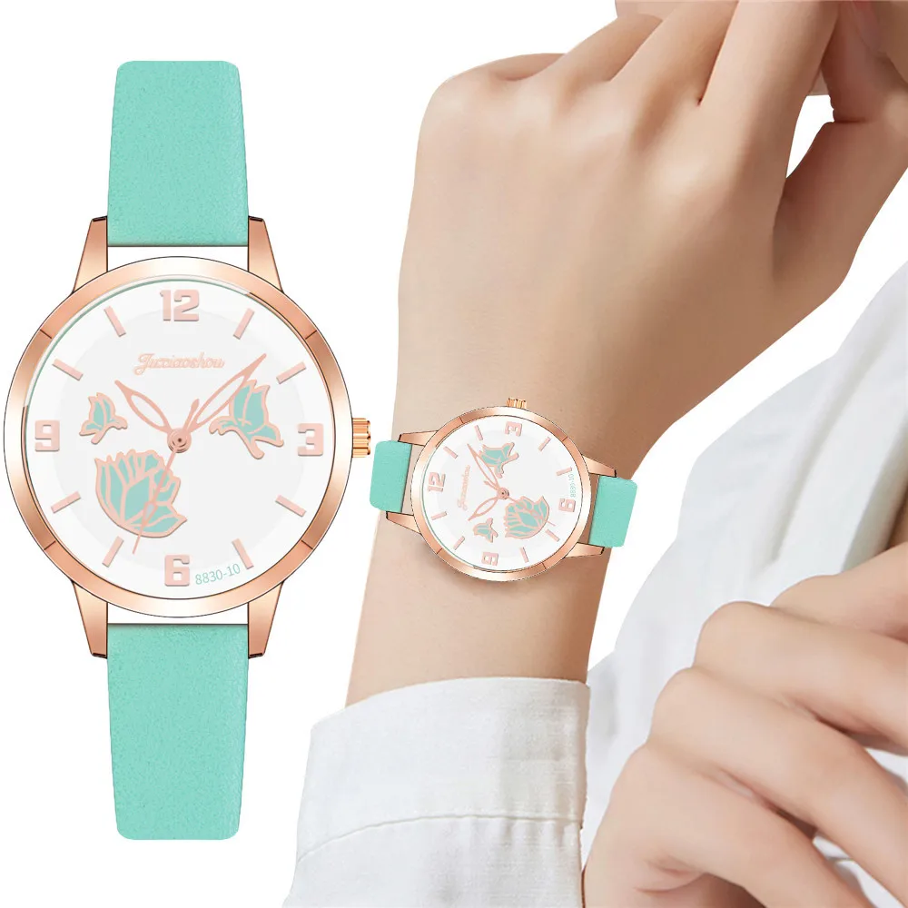 

Простые повседневные женские наручные часы, Модные Зеленые кварцевые часы с кожаным ремешком, бабочкой, цветком, арабским цифровым цифербл...