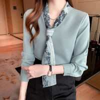 elegant chiffon blouse top spring autumn scarf collar bow ribbon office lady long sleeve shirts for women new arrival