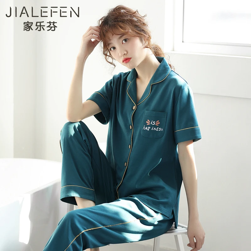 Pajamas Female Summer Cotton Short Sleeve Pants Tracksuit Summer Thin Full Cotton Casual Japanese Korean Style Two Piece Set