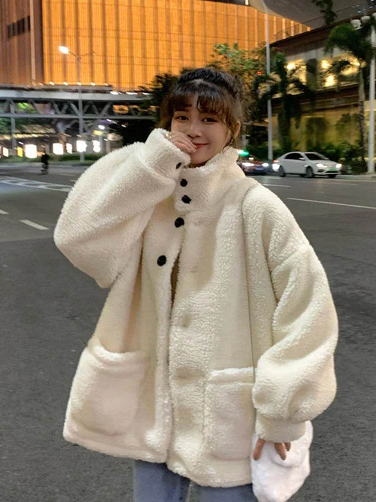 Lambs coat women's new single row black button Mock Neck granular sweater warm woolen in autumn and winter 2019 women | Женская