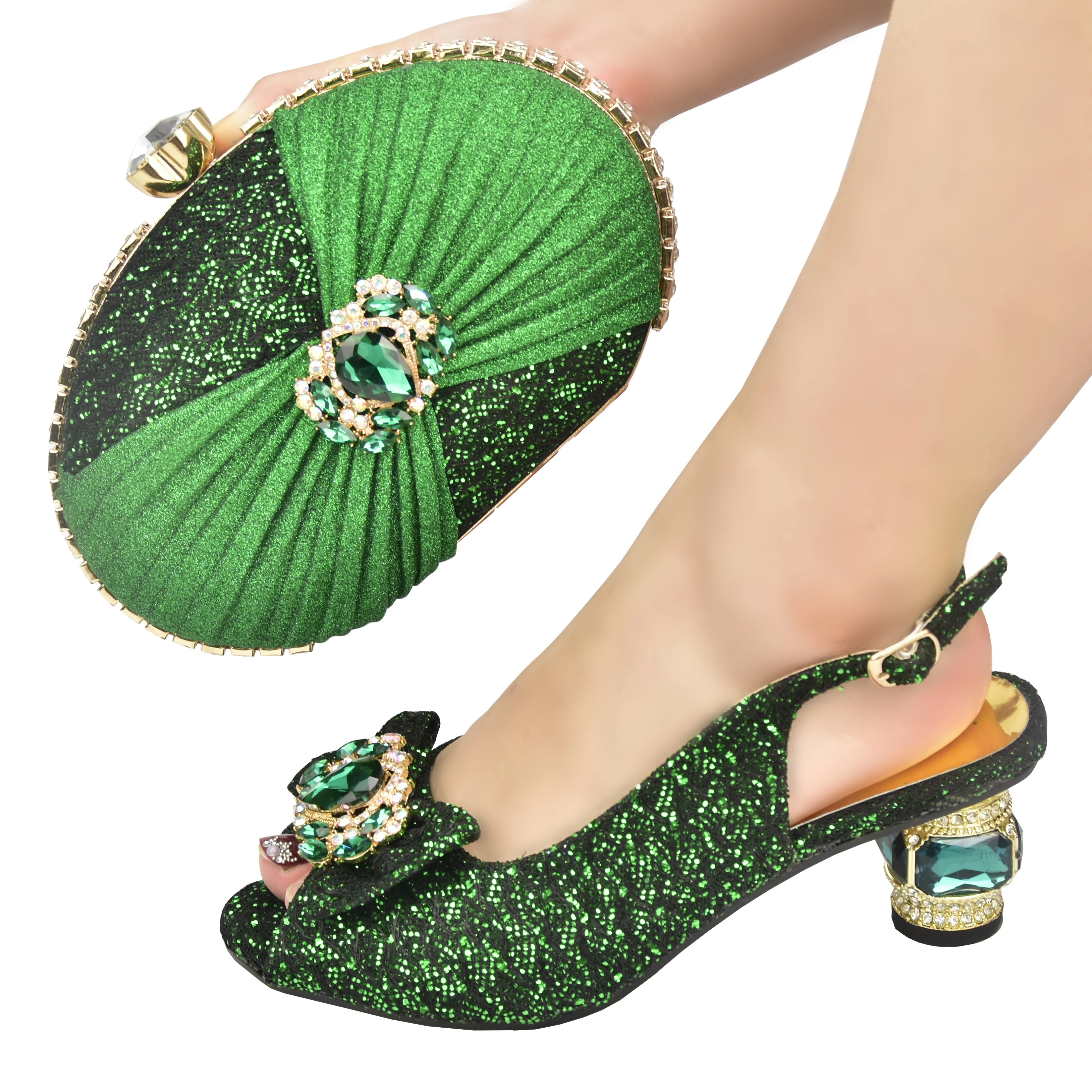 

Matching Shoes and Bag Set Green Color Italian Ladies Shoe and Bag Set Decorated with Rhinestone African Party Shoes