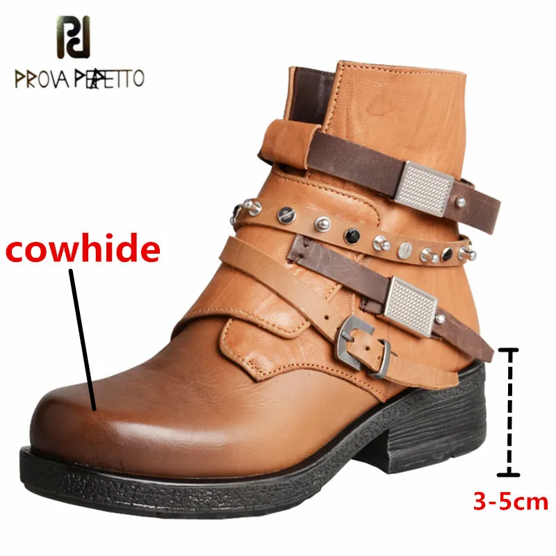 

Prova Perfetto High Quality Genuine Leather Retro Women Chelsea Boots Buckle Strap Rivet Square Toe Crude Heel Zipper-Sid Boots