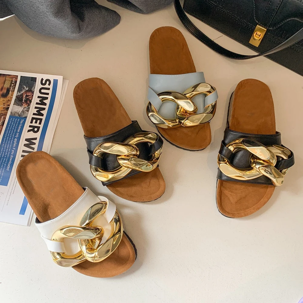 

New Design Women Slipper Fashion Big Gold Chain Sandals Shoe for Lover Round Toe Slip On Mules Casual Slide Flip Flop Size 35-44