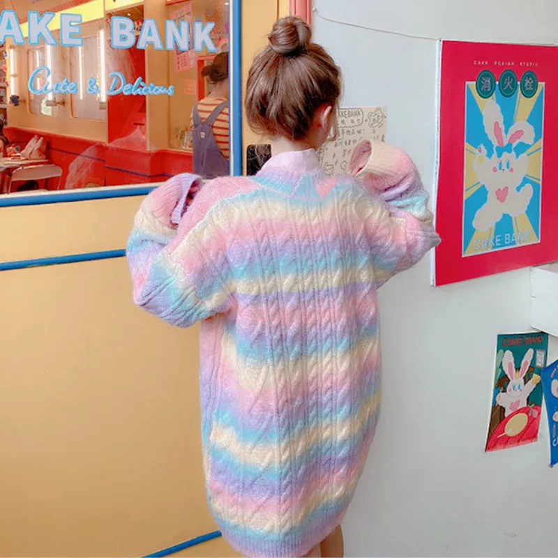 

Rainbow Knitted Cardigan Women Autumn winter Sweet Kawaii Sweater Coat Female Long Korean Button Down Cardigan Fall 2020 Women