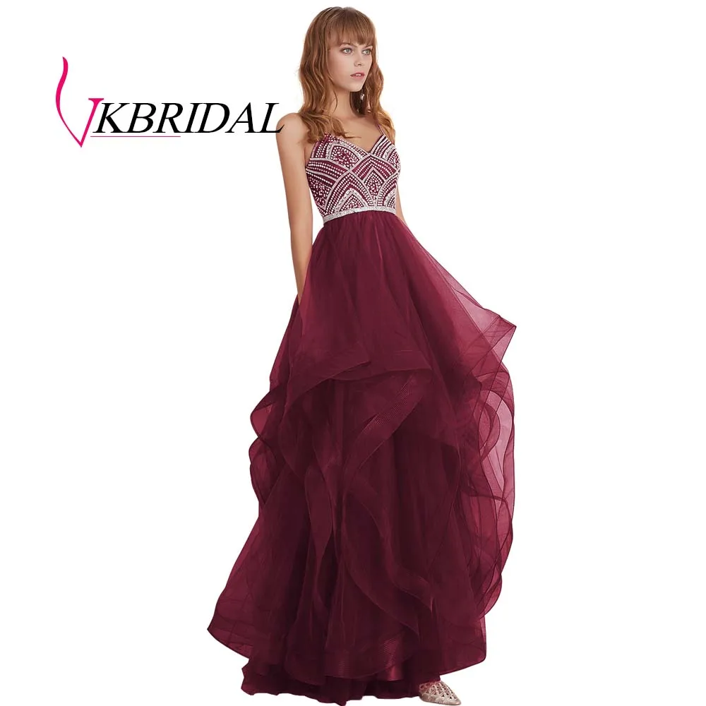 VKBRIDAL красные многоуровневые тюлевые платья для выпускного вечера новые Бальные платья с бисером и кристаллами официальное длинное вечернее платье - Цвет: Бургундия