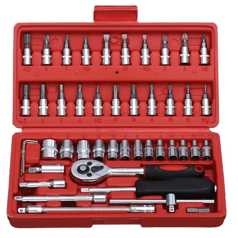 

46pcs/set Carbon Steel Combination Tool Set Wrench Batch Head Ratchet Pawl Socket Spanner Screwdriver Household Car Repair Tool