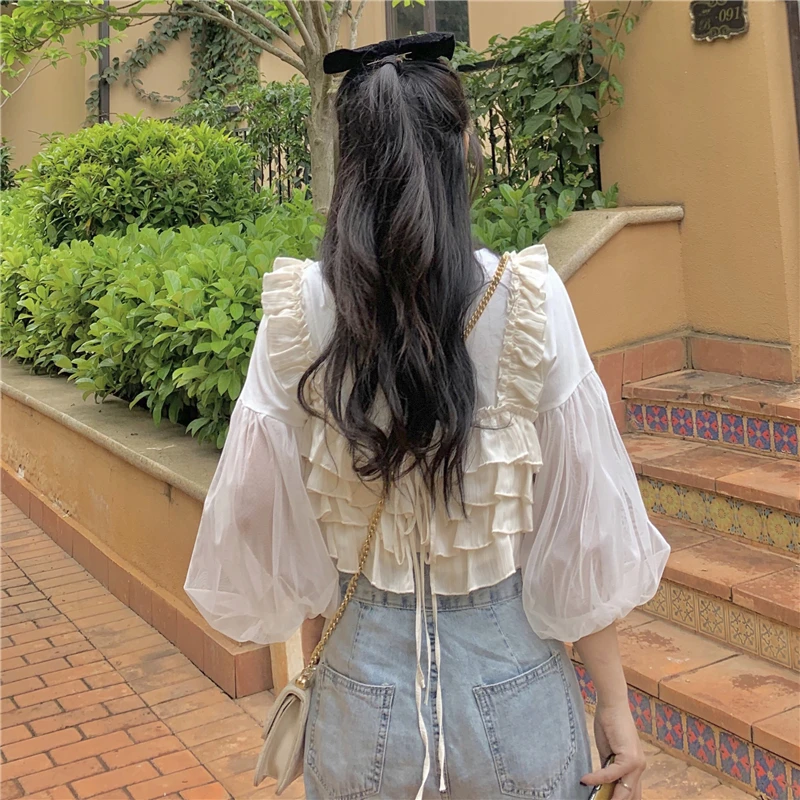 

Mesh Stitching White Long Sleeve T-shirt Top Clothes Female Summer Ins Tide 2021new Design Sense Female Sweet