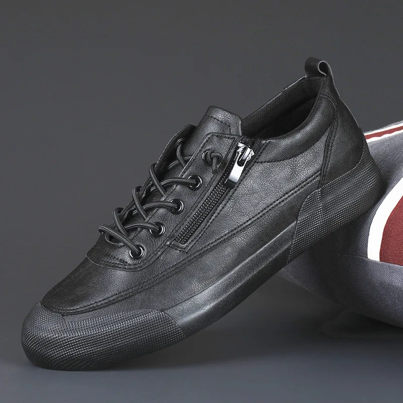 

2022 Autumn New Men Leather Casual Shoes Zipper Male Cool Flat Skate Shoes Lace-up Loafers