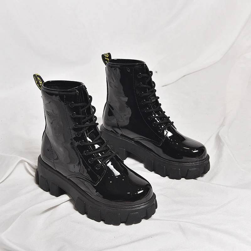 

2020 Women Autumn Ankle Boots Thick Zip Girl Patent Leather Shoes Boots Women Botas Mujer Lace Up Short Boots New Fashion