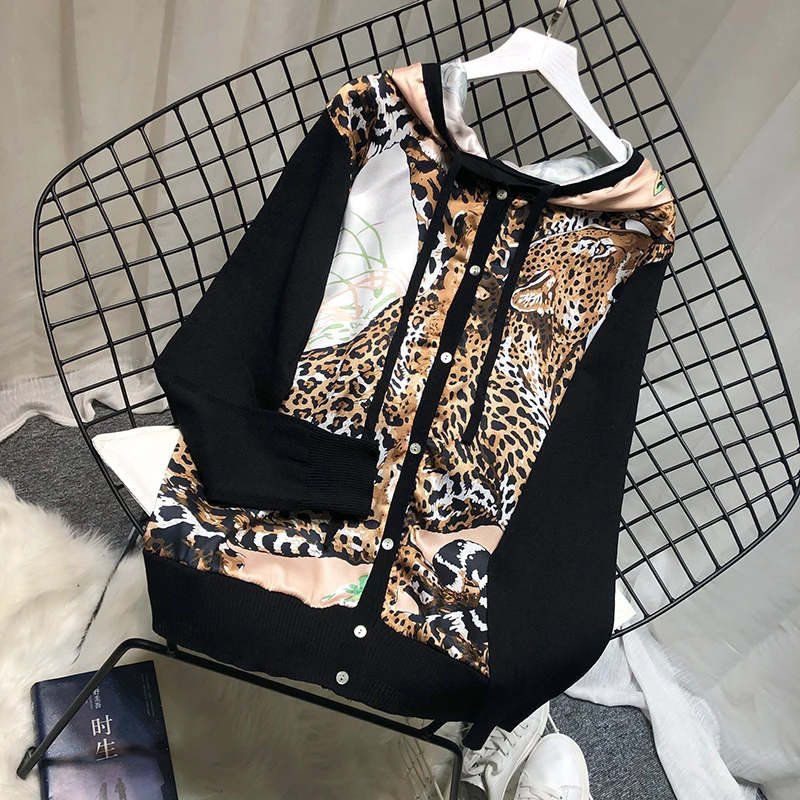 ALPHALMODA/Новинка осени года; модный свитер с капюшоном и принтом; рубашка с длинными рукавами и леопардовым принтом; атласные однобортные кардиганы