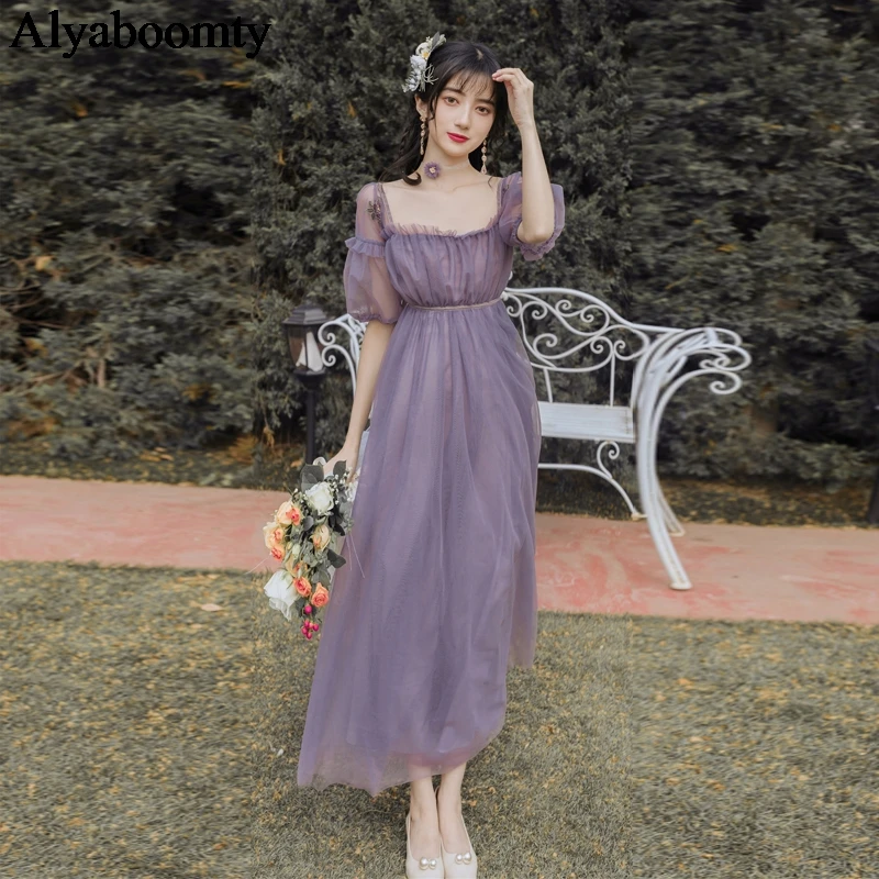 

Summer Women Maxi Long Romantic Dress Slash Neck High Waist Slim Mesh Party Dress Elegant Purple Tulle Dress With Embroidery