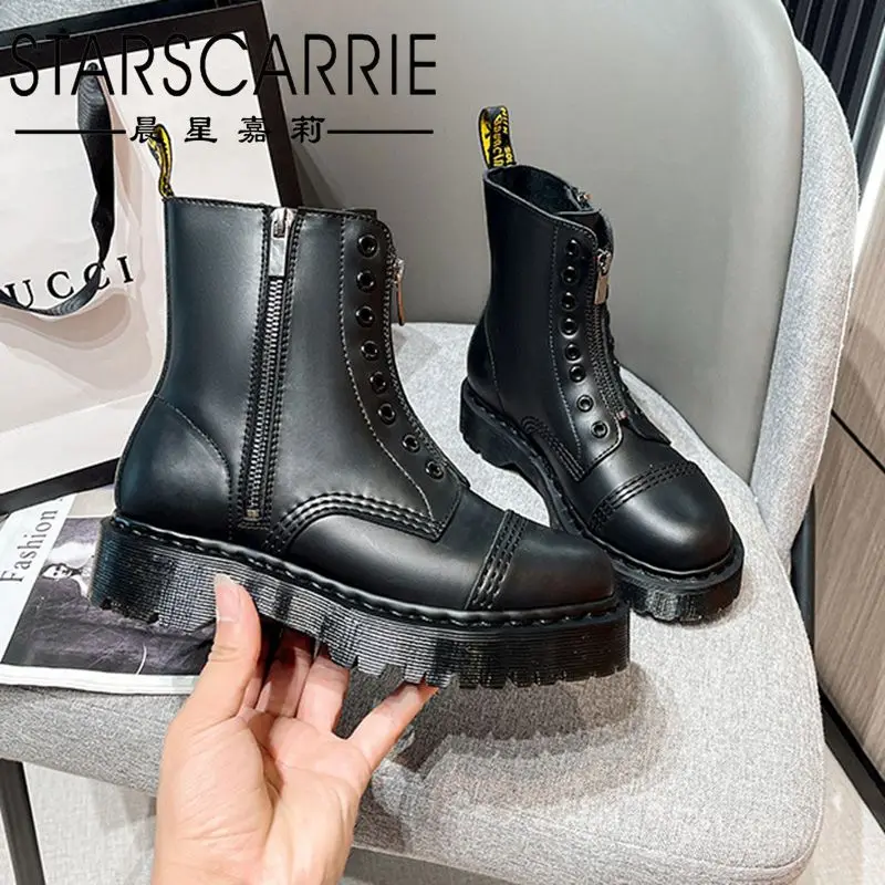 

2021 new Goodyear craft boots women autumn and winter motorcycle boots British leather thick-soled riding boots women's mid-tube