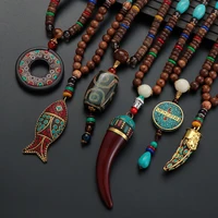 unisex handmade necklace nepal buddhist mala wood beads pendant necklace ethnic fish horn long statement men womens jewelry