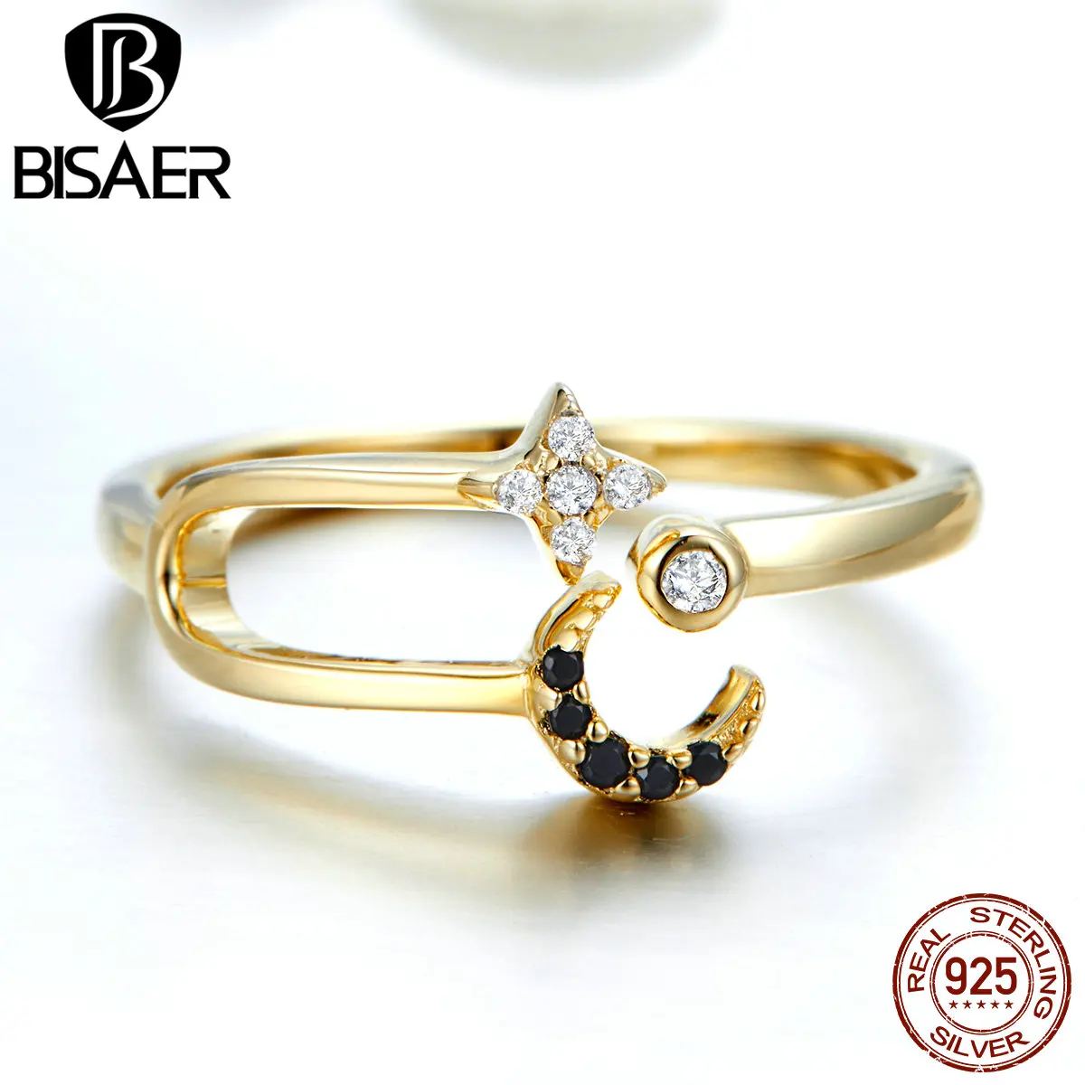 Кольца BISAER, 925 пробы, серебро, золото, цвет, Луна и звезда, открытый палец, кольцо для женщин, регулируемые кольца, мода, бижутерия, GAR020