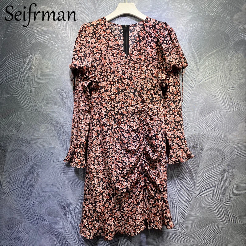 

Женское вечернее платье-миди Seifrmann, элегантное модельное платье из натурального шелка с пышными рукавами и оборками, с цветочным принтом, ле...