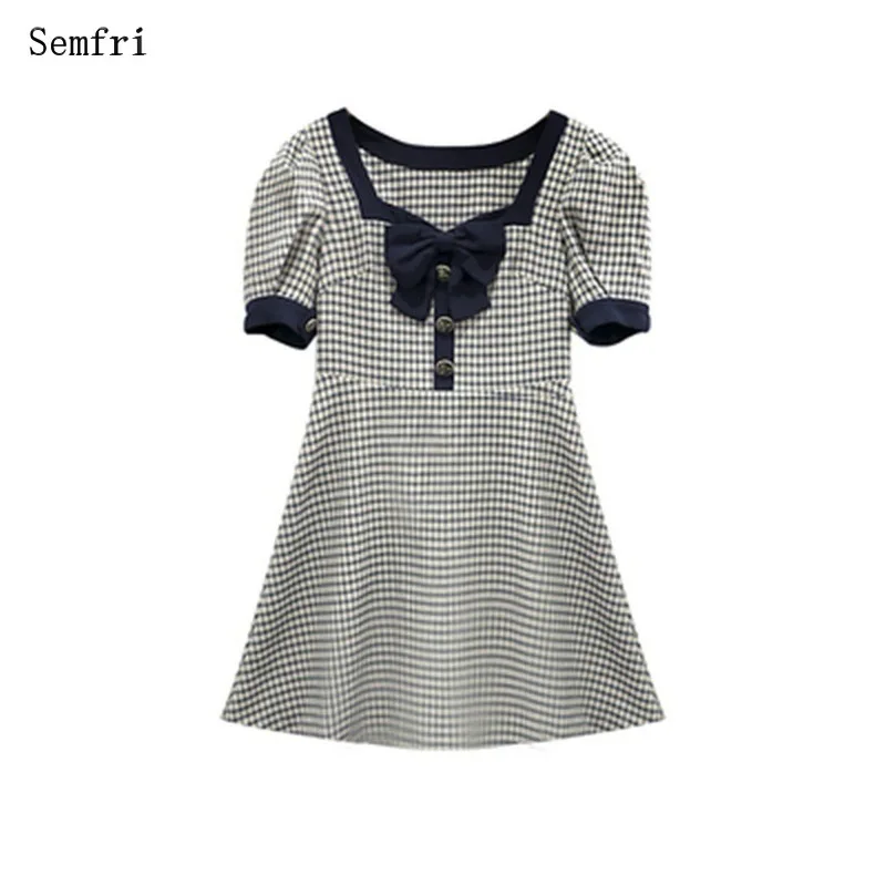 

Semfri Women Dress 2020 Summer French Vintage Puff Sleeve Dresses Female Elegant Bow Tie Square Collar Platycodon Dress