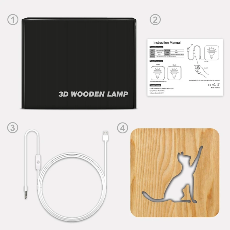 

3D Wooden Animal Cat USB Night Light LED Table Lamp Novelty Kids Bedroom Decor