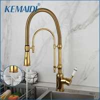 kemaidi golden spring pull down kitchen sink faucet hot cold water mixer crane tap with dual spout deck mounted