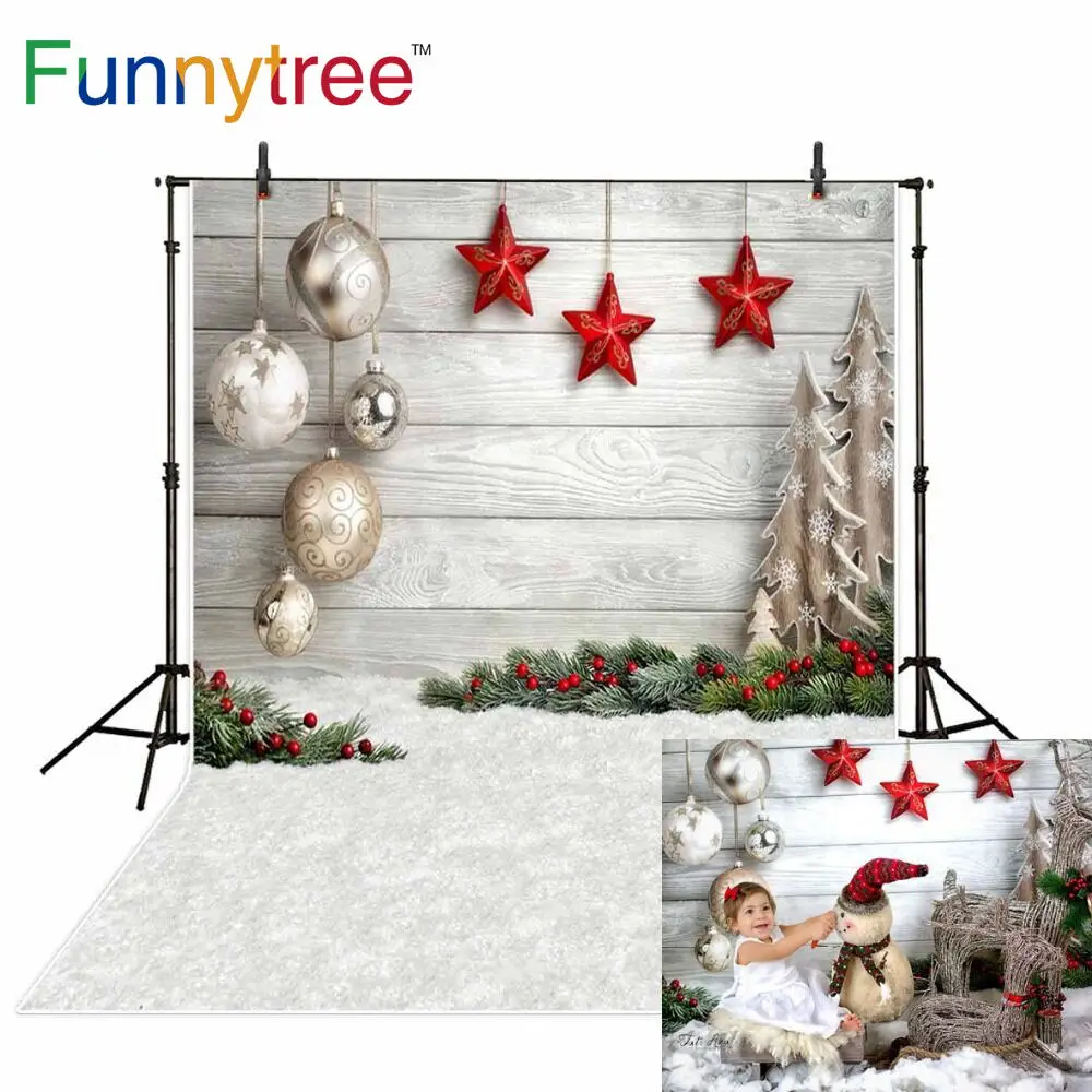 Фоны Funnytree для Рождества дерево фотографическая студия снег зимние яйца звезды украшения листья фото задний план фотозона винил.