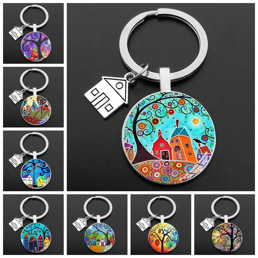key to the new house kechain beautiful house under the starry sky key ring personality jewelry gift key holder for new home free global shipping