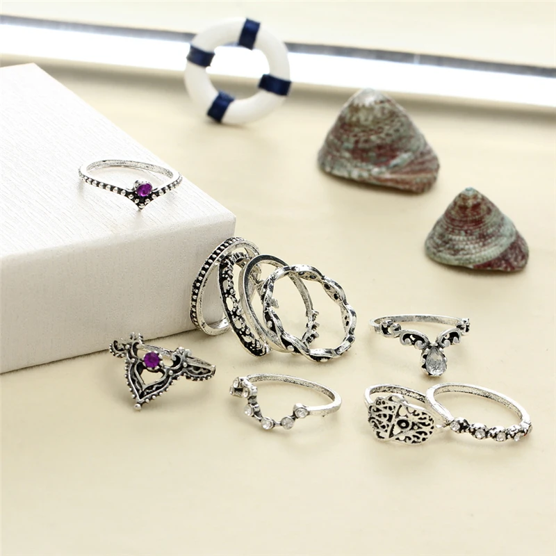 

Summer Geometric Purple Diamond Gem Hollow Joint Ring 10 Pcs/Set for Women Girls Personality Jewellery Wholesale