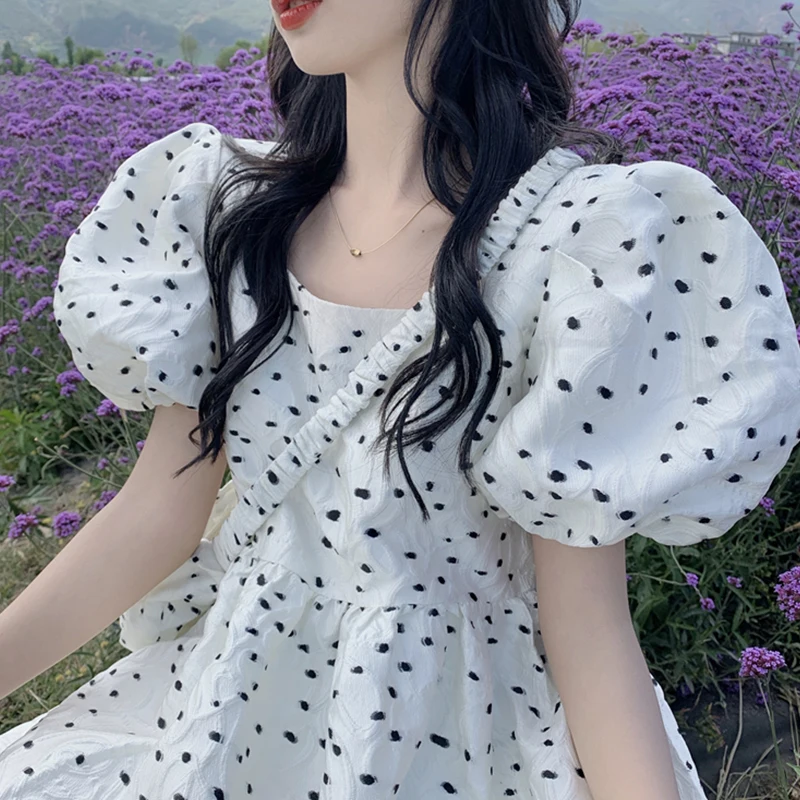 

Summer Women'S Puff Short Sleeve Polka Dot Dress 2021 Square Collar Oversize Sweet Korean White Dress With Bag Vestido De Mujer