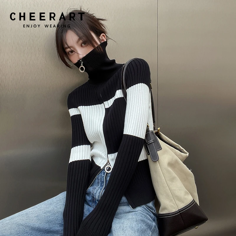 

CHEERART Ribbed Zip Up Sweater Cardigan Colorblock Patchwork Turtleneck Women Korean Fashion Green Black Slim Sweaters Winter