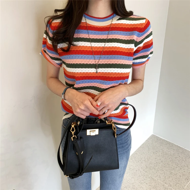 Женские летние футболки Colorfaith повседневные модные вязаные разноцветные Топы в