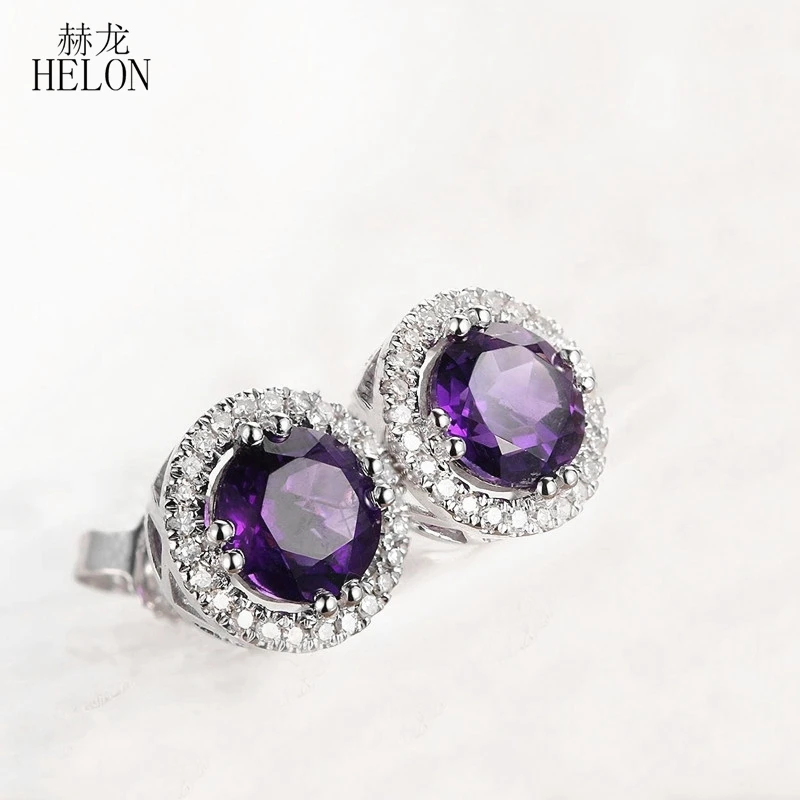 

HELON Solid 10K White Gold Round 1.6ct Genuine Natural Amethyst Diamonds Stud Earrings Women Jewelry Engagement Party Earrings