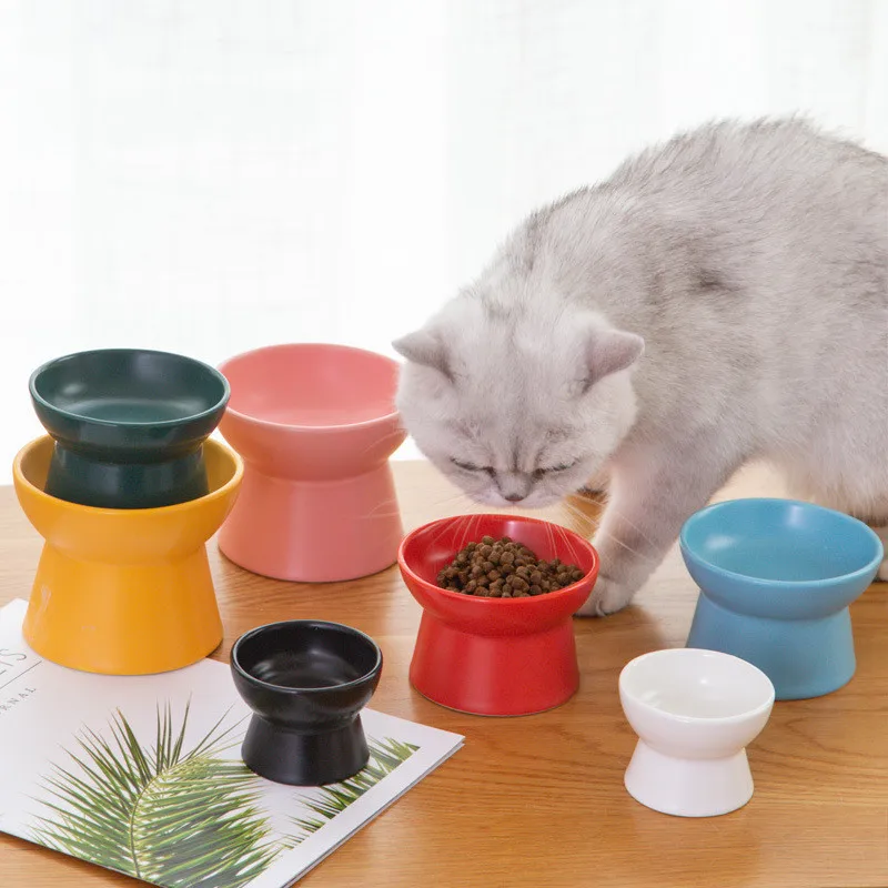 

New High Foot Cat Feeder Pets Food Bowls Stripe Ceramic Cat Water Bowl Cat Food Bowls Neck Protection Dog Bowl Pet Supplies