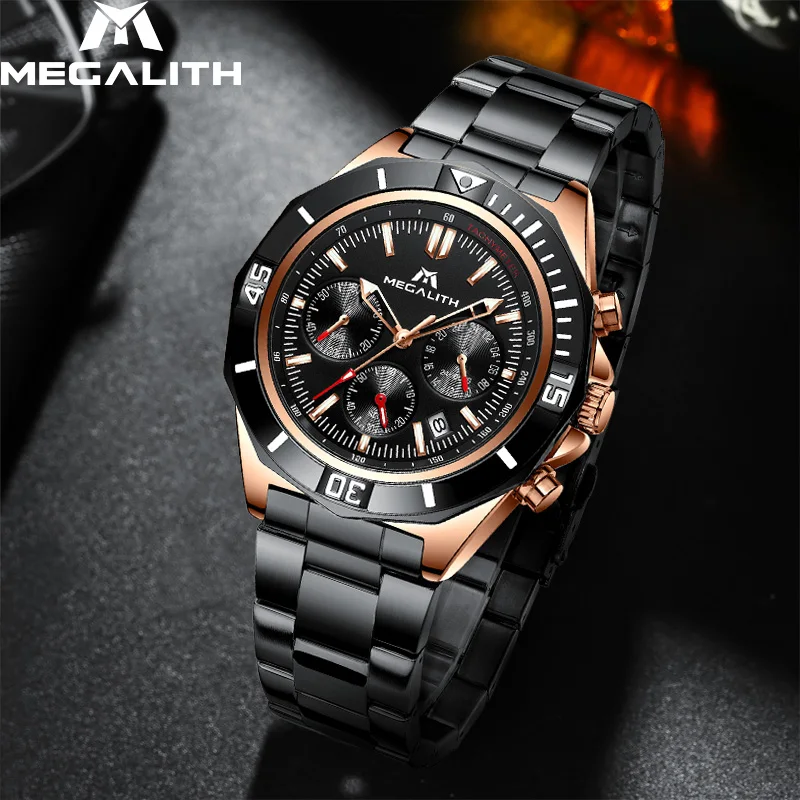 Relogio Masculino MEGALITH часы мужские спортивные водонепроницаемые военные кварцевые часы из нержавеющей стали светящиеся наручные часы с хронографом
