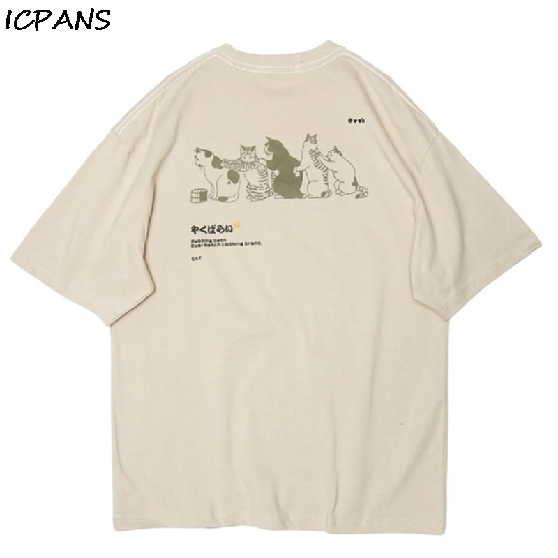 ICPANS Harajuku забавные Японские футболки с коротким рукавом и принтом банных кошек
