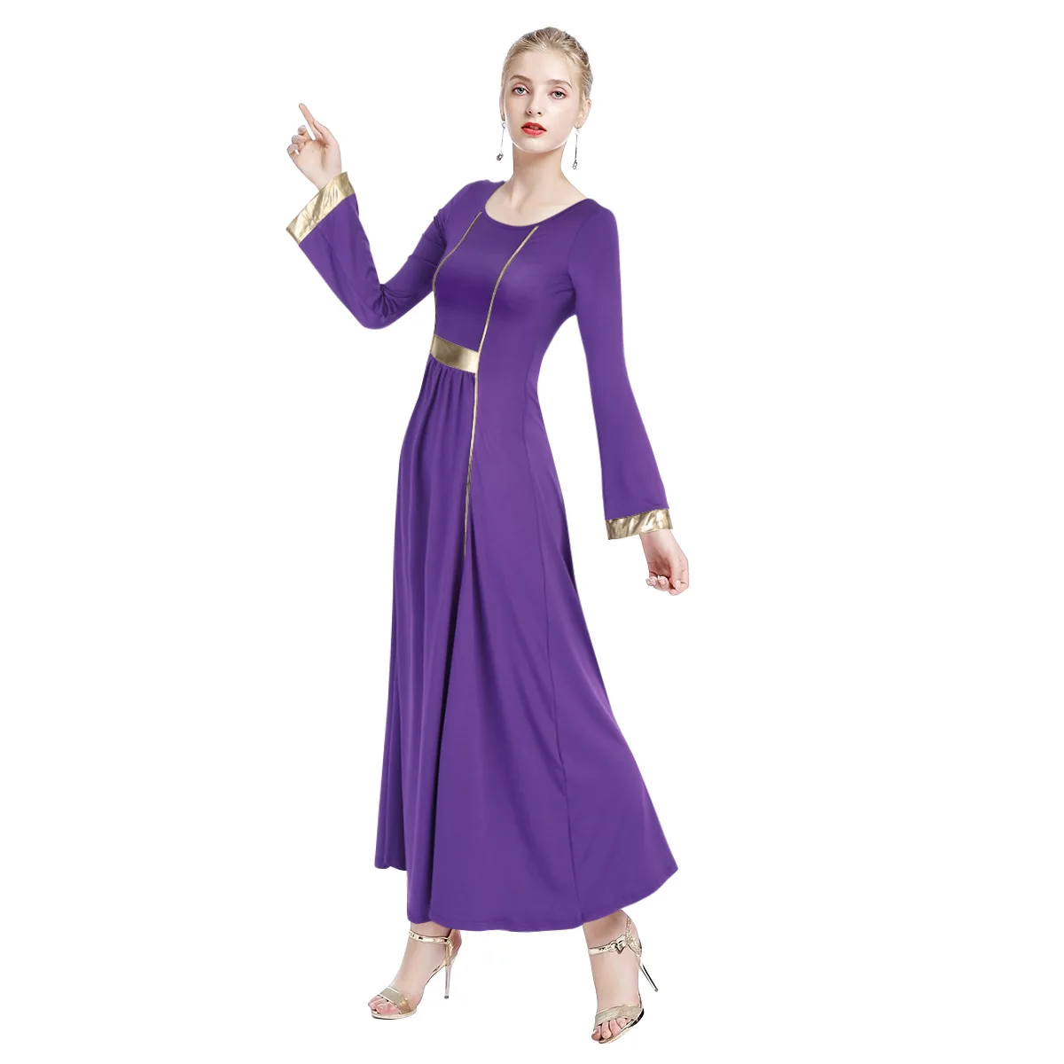 

2020 Spring Long Dress for Women Patchwork Long Sleeves O Neck Dress Runway Party Dress 44079