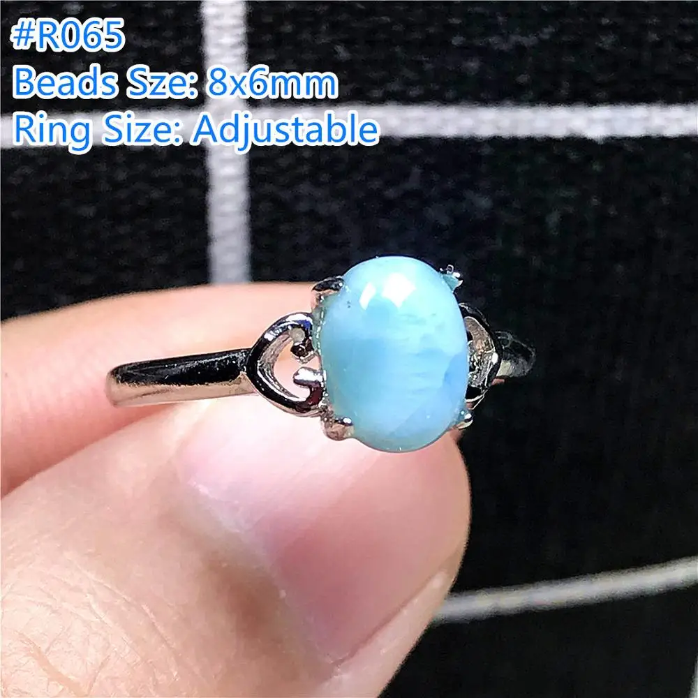 Natural Blue Larimar Ring Jewelry For Woman Lady Man Silver 8x6mm Oval Beads Dominica Water Pattern Stone Adjustable AAAAA | Украшения и