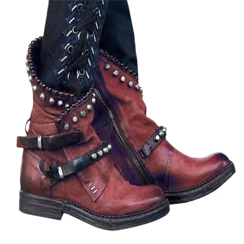 

Womens Ladies Vintage Rivet Plain Biker Boots Autumn Winter Casual Warm Shoes
