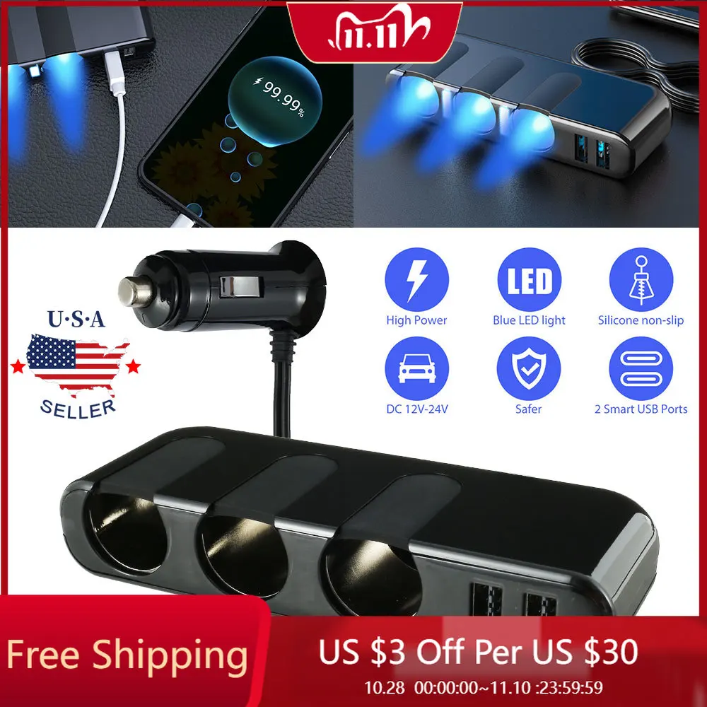 

3 Way Car Charge Adapter Vehicle Cigarettes Lighter Smart Charger Multi Socket Triple Splitter DC 12V/24V LED USB Charging