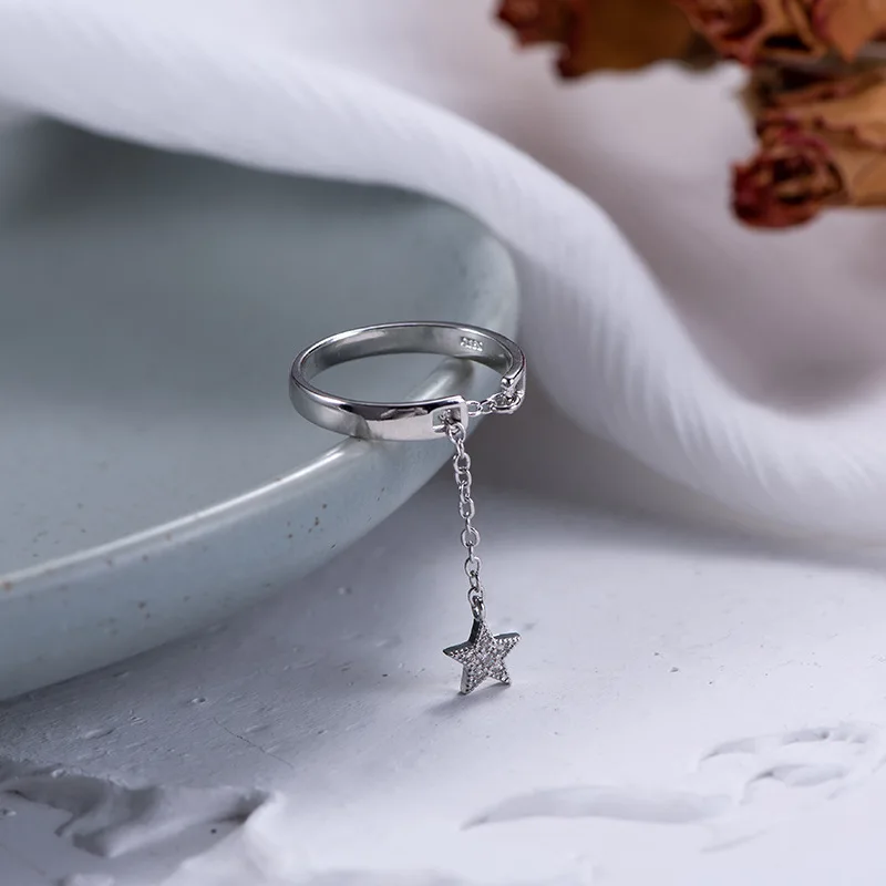 

New Arrival Vintage Star Moon Chain Rings For Women Silver Color Bohemia Ring Fashion Jewelry Valentines Day Gift for Girlfriend