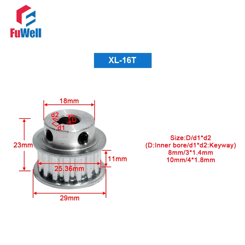 

XL-16T Timing Pulley with Keyway 11mm Belt Width Transmission Gear Pulley 8/10mm Bore 16Teeth XL Toothed Belt Pulleys