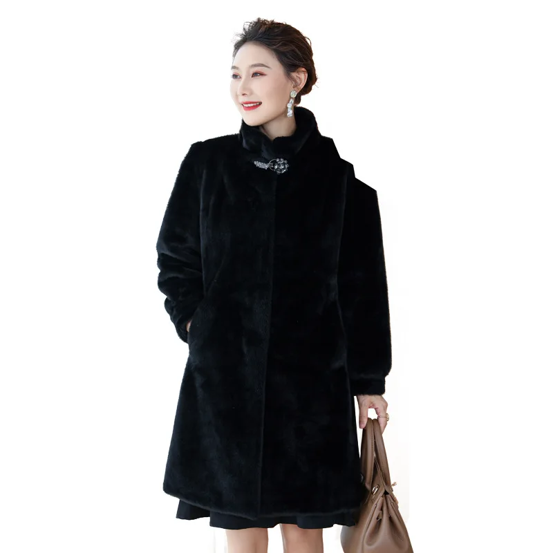 Black Fur Woman Winter Coats and Jackets  The New Mid-length Imitation Mink Keep Warm