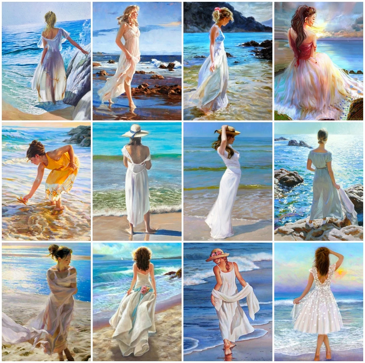 

AZQSD Diamond Painting Woman Seaside Cross Stitch Needlework 5D Diamond Embroidery Portrait Mosaic Rhinestones Home Decor