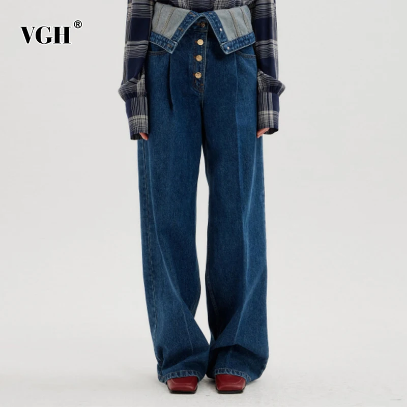 

VGH Blue Casual Solid Loose Buttons Temperament Jeans Female High Waist Fashion Wide Leg Pants For Women Autumn Style 2021 New