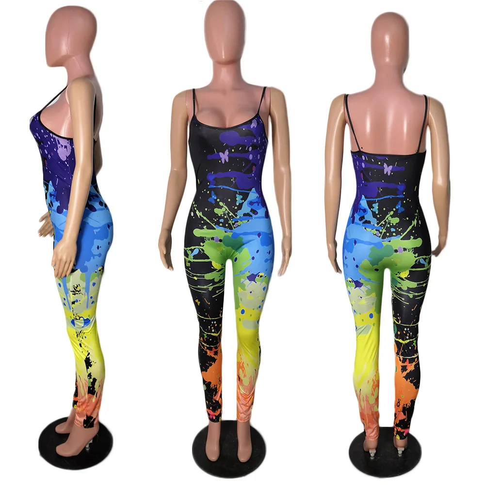 

Women Jumpsuit Graffiti Print Spaghetti Strap Sleeveless Open Back Jumpsuit Bodycon Skinny One Piece Overall Romper Playsuit