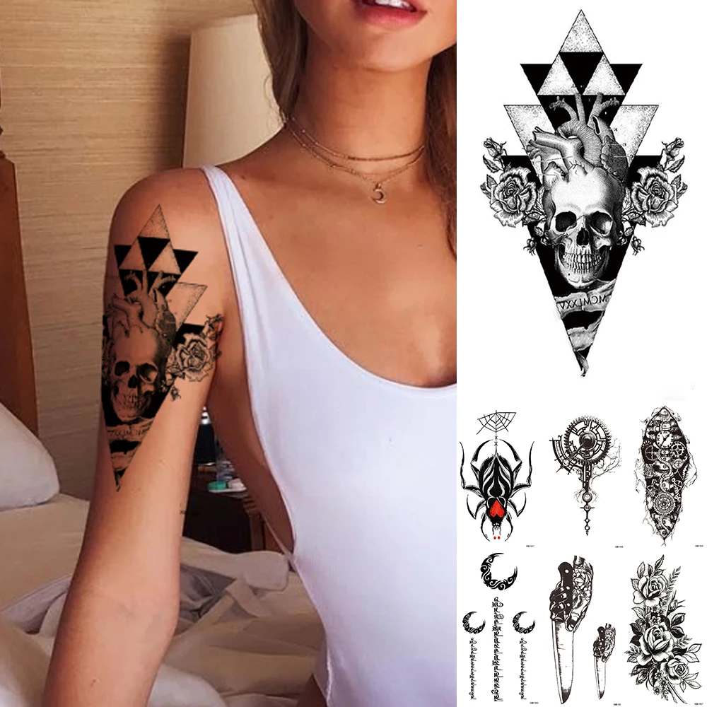

1Sheet Waterproof Temporary Tattoo Sticker Triangle Heart Skull Flash Tattoos Spider Rose Body Art Arm Fake Tatoo Women Men