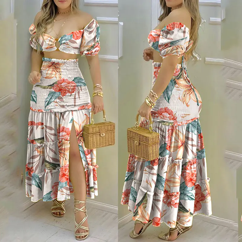 

Summer Women Casual Two Piece Suit Sets Off Shoulder Short Sleeve Floral Print Crop Top & Frill Hem Shirred Slit Maxi Skirt Set